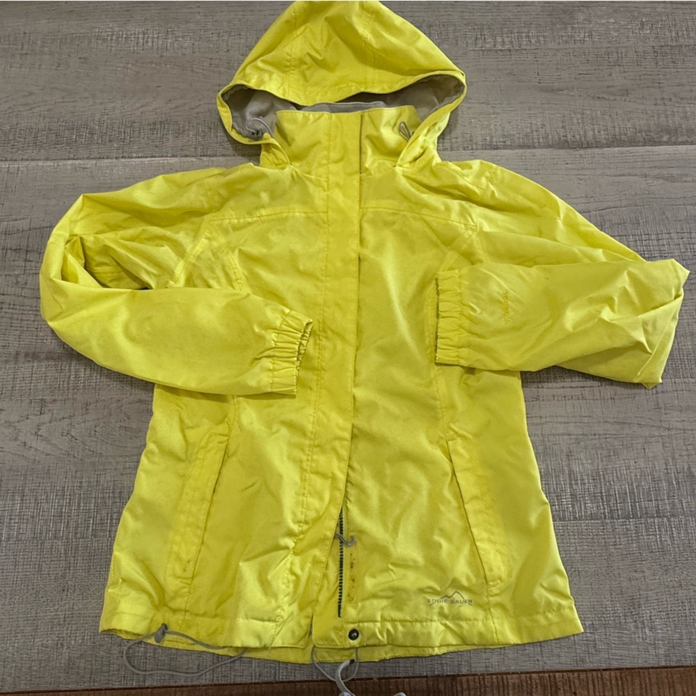 Eddie Bauer Bright Yellow WaterProof Hooded Rain Jacket Size Medium - Picture 2 of 14